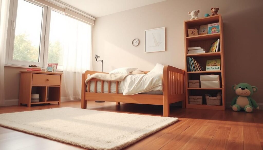 A cozy toddler's bedroom with a sturdy wooden bed, soft bedding, and plush toys. The bed is positioned against a neutral-toned wall, with a large window allowing natural light to stream in. A tall bookshelf stands nearby, filled with children's books and educational toys. The room is bathed in a warm, gentle glow, creating a sense of safety and comfort. The camera angle is low, capturing the bed from a child's perspective, emphasizing the importance of a secure and inviting sleeping space. The overall atmosphere is one of tranquility and care, reflecting the section's focus on maintaining safety during the toddler bed transition.