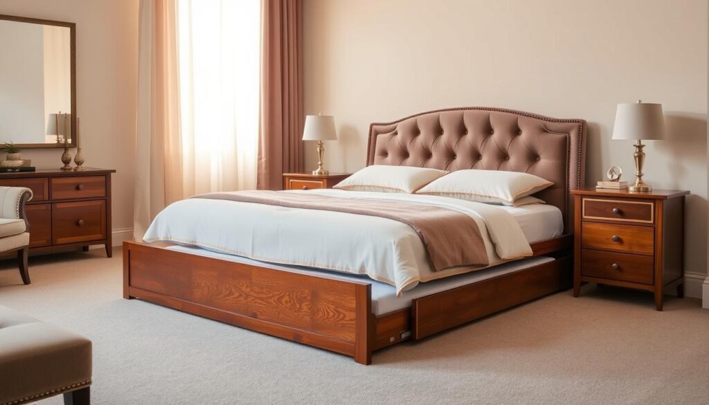 A cozy, well-crafted trundle bed with a rich, wood-grain finish sits in a warm, inviting bedroom. The low-profile design features a pull-out lower bed nestled beneath the main frame, creating a versatile sleeping solution. Soft, natural lighting filters through sheer curtains, casting a gentle glow on the scene. The bed is complemented by a plush, tufted headboard and elegant nightstands, exuding a timeless, sophisticated charm. The overall atmosphere is one of comfort and relaxation, perfect for a restful night's sleep.