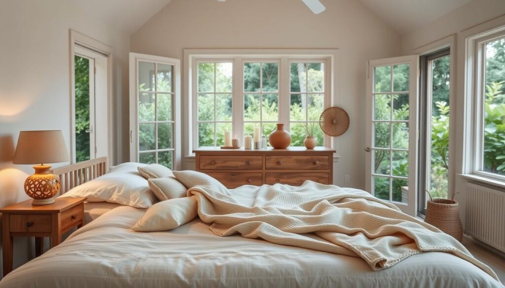 A cozy, well-lit bedroom featuring a serene, eco-friendly sleep setup. In the foreground, a plush, organic cotton mattress with a bamboo fiber bedding set, complemented by a soft, woolen throw blanket. On the nightstands, a pair of handcrafted, wooden lamps with natural linen shades, casting a warm, ambient glow. In the middle ground, a reclaimed wood dresser with plant-based candles and a terracotta diffuser, infusing the space with calming, natural aromas. The background showcases large, open windows overlooking a lush, verdant garden, allowing natural light to flood the room and creating a harmonious, serene atmosphere.