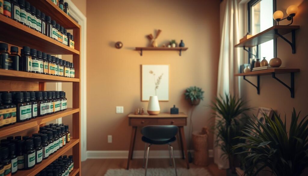 A cozy, well-organized essential oil storage space. In the foreground, a set of wooden shelves displaying a curated collection of essential oil bottles in various shapes and sizes, their labels clearly visible. The middle ground features a minimalist desk or side table, with a diffuser gently emitting mist, creating a soothing ambiance. The background showcases a warm, natural-toned wall, perhaps adorned with a simple botanical print or a floating wall shelf for additional storage. Soft, diffused lighting from a nearby window or a pair of subtle sconces casts a gentle glow, highlighting the textures and colors of the scene. The overall atmosphere conveys a sense of tranquility, organization, and a dedication to the proper storage and display of these precious aromatic compounds.