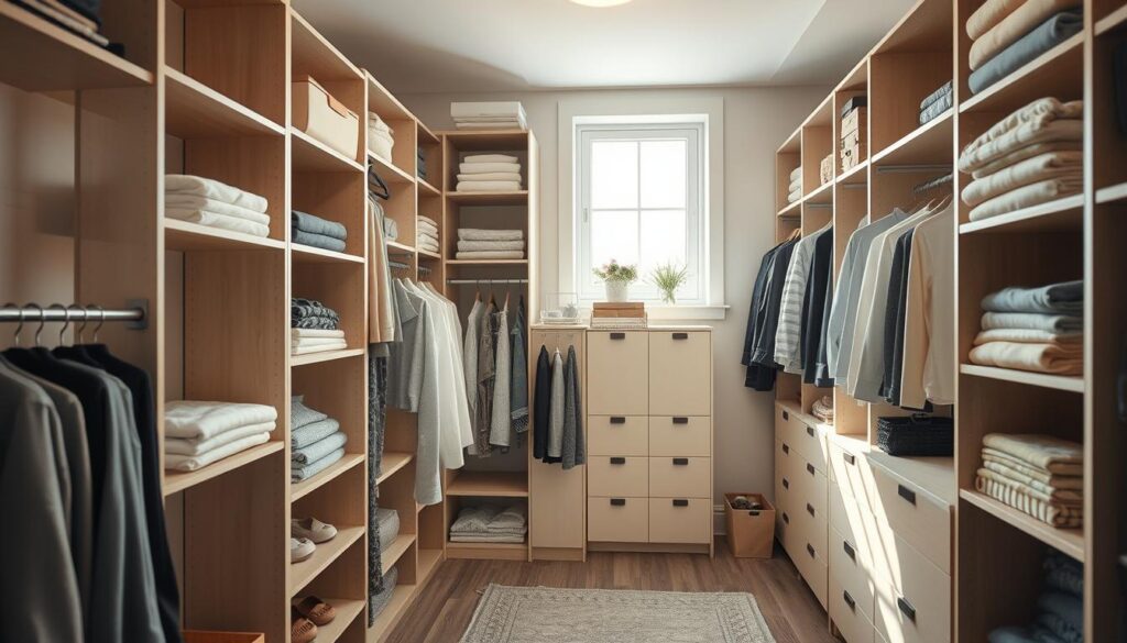 A cozy, well-organized wardrobe interior in soft, natural tones. In the foreground, various storage solutions are displayed, including modular shelving units, hanging rods, and neatly folded garments. The middle ground features a mix of open and closed storage compartments, efficiently utilizing every inch of space. In the background, a window allows natural light to filter in, creating a serene and calming atmosphere. The entire scene is captured with a wide-angle lens, emphasizing the intelligent use of limited space and the harmonious blend of form and function.