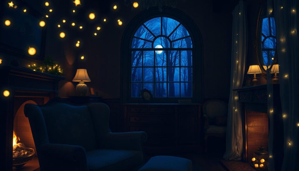 A dimly lit, mystical room with glowing fairy lights floating in the air, casting a warm, ethereal glow. In the foreground, a plush, velvet armchair adorned with delicate embroidery sits near a cozy fireplace. The middle ground features an ornate, wooden dresser with intricate carvings and a mirror that reflects the flickering flames. In the background, a large, arched window overlooks a moonlit forest, with wispy curtains gently billowing. The room is bathed in a soft, bluish hue, creating a serene and enchanting atmosphere.