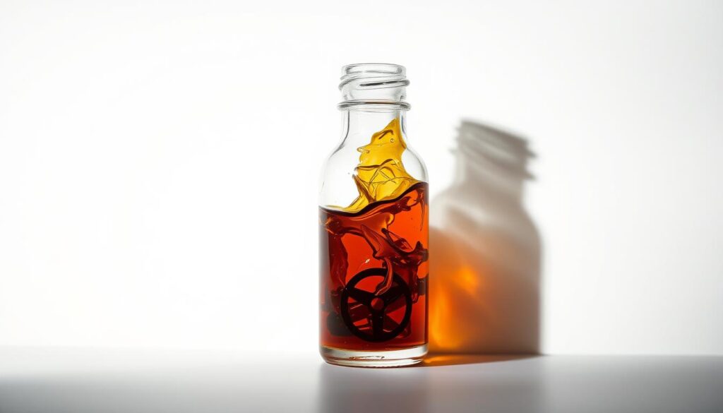 A glass vial filled with a viscous, amber-colored liquid representing an essential oil. The vial's contents appear to be swirling and distorting, conveying a sense of toxicity and danger. The background is a stark, clinical white, highlighting the hazardous nature of the substance. Dramatic lighting casts long, ominous shadows, creating a sense of foreboding. The composition is carefully balanced, with the vial positioned slightly off-center to draw the viewer's attention. The overall mood is one of unease and potential harm, visually communicating the potential risks associated with essential oil misuse or overexposure.