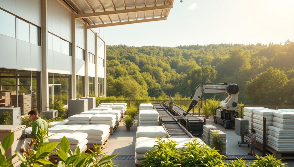 A large, modern sustainable manufacturing facility situated in a lush, green landscape. The building has sleek, minimalist architecture with abundant natural light flooding through floor-to-ceiling windows. In the foreground, workers in eco-friendly uniforms operate cutting-edge, energy-efficient machinery to produce organic, high-quality bedding materials. The mid-ground showcases a robotic assembly line carefully crafting and packaging the final products. In the background, a verdant forest provides a serene, natural backdrop, conveying a sense of harmony between industry and the environment. The scene is bathed in warm, golden sunlight, radiating an atmosphere of eco-conscious productivity and environmental stewardship.