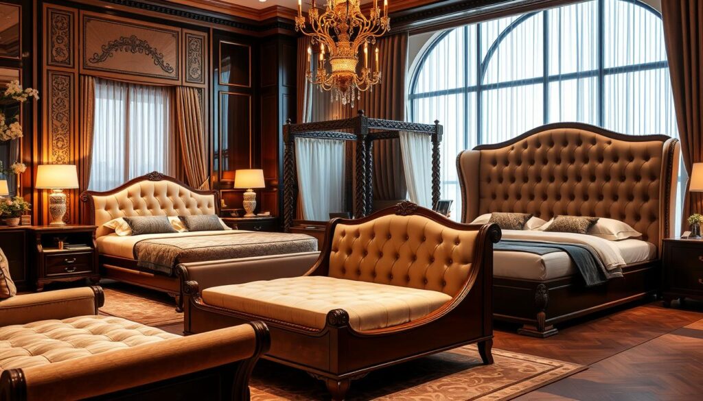 A lavishly decorated bedroom showcasing an assortment of luxury bed frames. In the foreground, a plush, upholstered sleigh bed with ornate headboard and footboard. Beside it, a contemporary platform bed with a smooth, lacquered finish. In the middle ground, a classic four-poster bed with intricate carved details, draped in sheer curtains. In the background, a grandiose, tufted wingback bed with a majestic, high headboard. Soft, warm lighting casts a cozy glow, highlighting the exquisite craftsmanship and premium materials of these stylish bed frames. The scene evokes a sense of elegance, comfort, and refined sophistication.