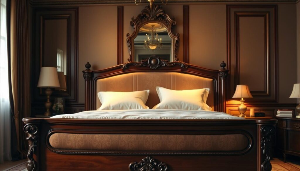 A luxurious bedroom with a stunning mahogany bed frame, ornately carved with intricate floral motifs. The frame is positioned in the center of the frame, bathed in warm, golden lighting that casts a soft, inviting glow. The bed is dressed in crisp, high-thread-count linens in a neutral palette, complementing the rich tones of the wood. In the background, a wall-mounted mirror reflects the scene, adding depth and dimension. The overall atmosphere exudes an air of refined sophistication and timeless elegance, perfect for the "Caring for Your Stylish Bed Frame" section of the article.