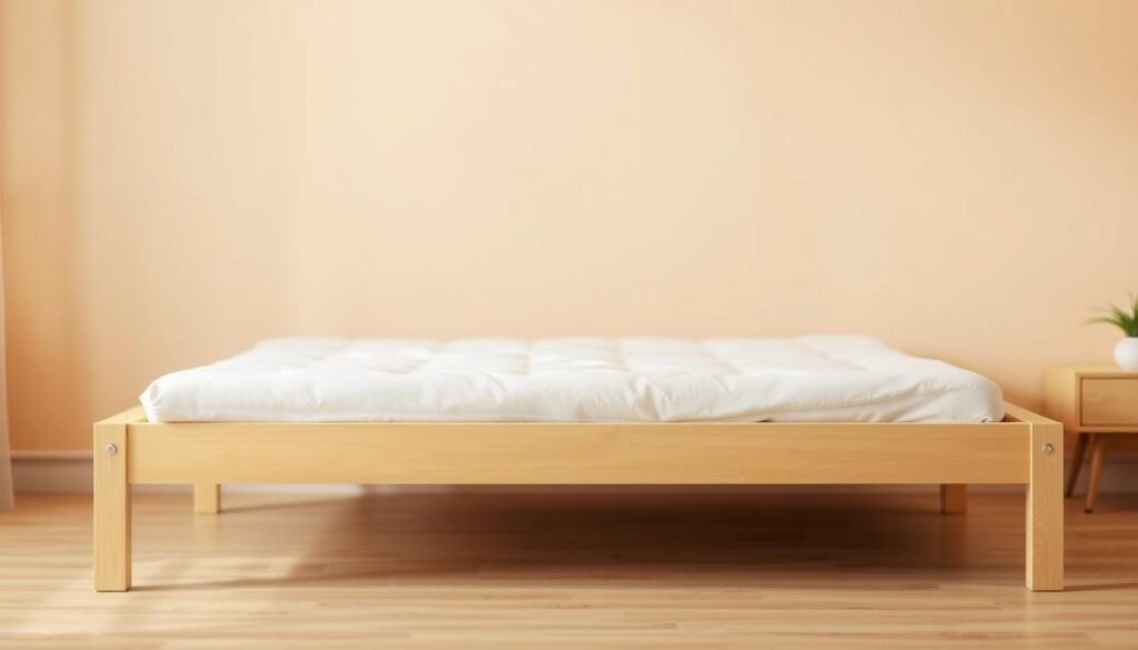 A minimalist and affordable bed frame set against a warm, soft-focus background. The frame is constructed from light-colored wood, with a simple yet elegant design featuring clean lines and a low profile. Soft, diffused lighting illuminates the frame, creating a cozy and inviting atmosphere. The background is blurred, allowing the bed frame to take center stage, showcasing its understated style and practicality. The overall scene conveys a sense of relaxation and budget-friendly comfort, perfectly complementing the "Setting a Budget for Your Stylish Bed Frame" section of the article.