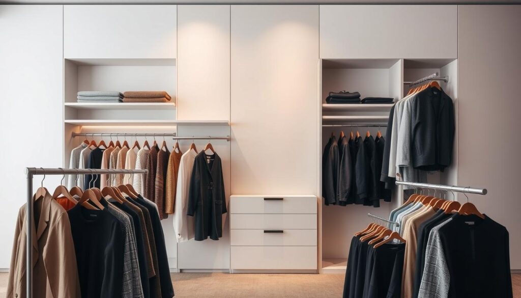 A sleek, modern wardrobe design against a minimalist backdrop. In the foreground, a well-organized display of carefully curated clothing items, artfully arranged to showcase their unique styles and textures. The middle ground features a clean, white-paneled wall with strategically placed shelves and hanging rods, creating a visually balanced and harmonious composition. The background is a soft, diffused light, casting a warm, inviting glow and highlighting the subtle details of the wardrobe pieces. The overall atmosphere is one of elegance, simplicity, and a refined sense of personal style.
