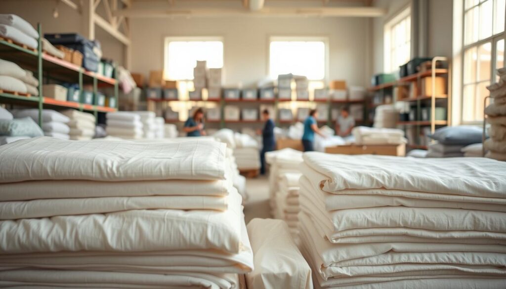 A well-lit, airy interior of a local nonprofit bedding organization. In the foreground, neatly folded stacks of freshly laundered sheets, blankets, and comforters in soothing neutral tones. In the middle ground, volunteers carefully sorting and inspecting donations. The background features shelves lined with organized bins and storage containers, conveying a sense of efficiency and care. Soft, diffused natural lighting filters in through large windows, casting a warm, inviting glow over the scene. The overall atmosphere is one of quiet industriousness, with a focus on providing quality bedding to those in need.