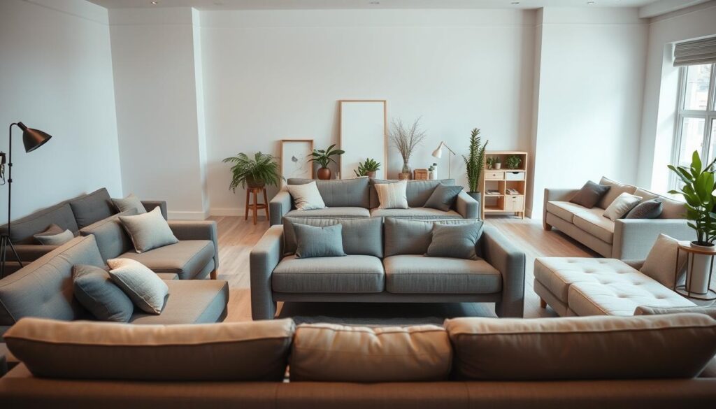 A well-lit, contemporary living room with a centerpiece of several top-rated sofa beds showcased in a variety of stylish fabrics and designs.