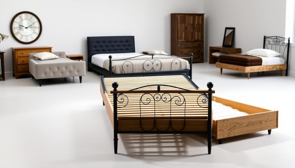 A well-lit studio setting showcasing a collection of elegant trundle bed frames. In the foreground, a modern wooden frame with clean lines and a natural finish stands prominently. In the middle ground, a classic iron trundle bed with intricate metalwork details catches the eye. The background features a variety of trundle bed styles, including a sleek upholstered frame and a rustic, distressed wooden option. The lighting is soft and diffused, highlighting the textures and craftsmanship of each piece. The overall mood is one of sophistication and thoughtful design, inviting the viewer to envision the perfect trundle bed for their space.