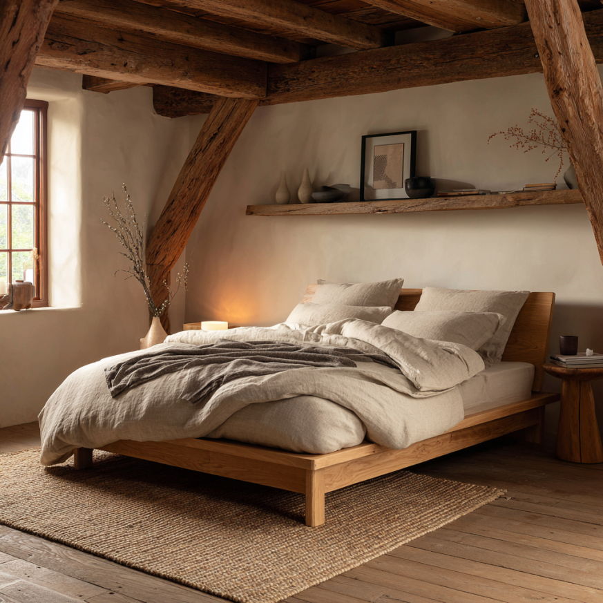 Custom bed frame made from solid oak in rustic bedroom