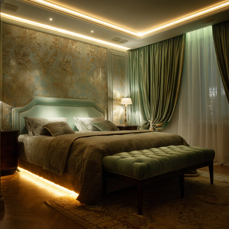 Rope and LED lighting in light green bedroom with gold ideas