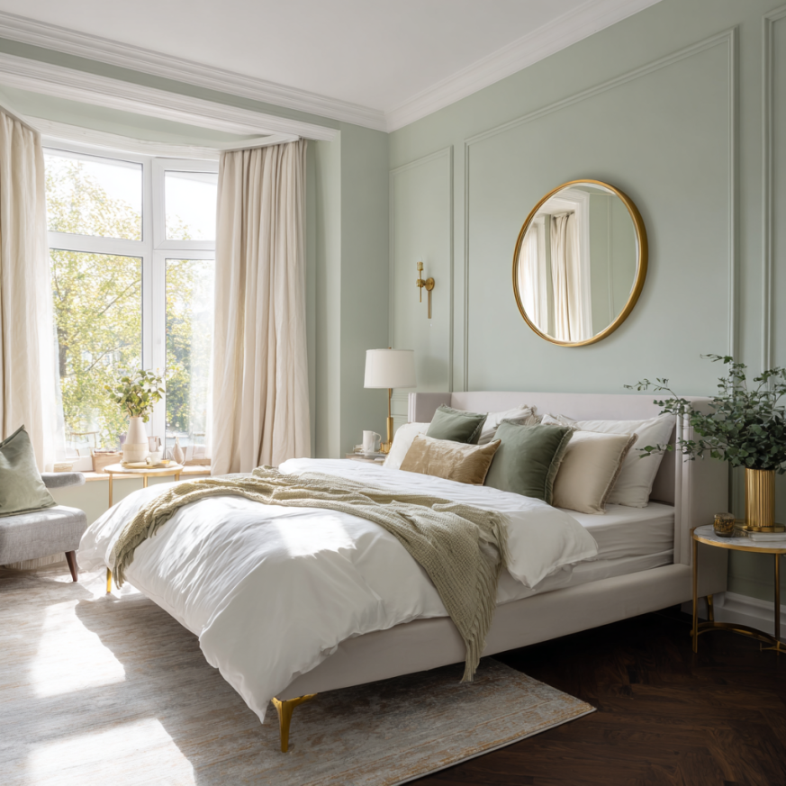 Serene light green bedroom with gold accents