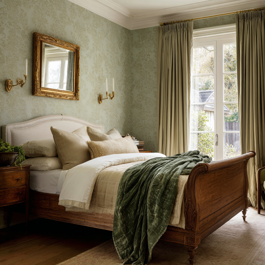 Traditional light green bedroom with gold finishes