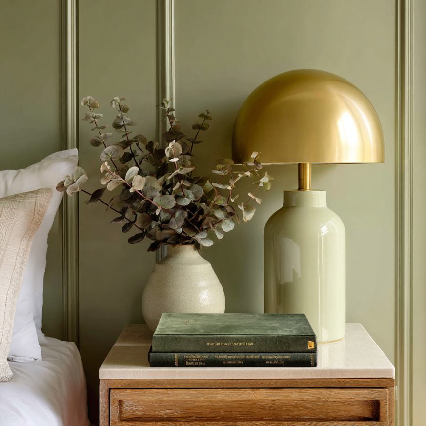 Velvet and gold details on bedside table in light green bedroom