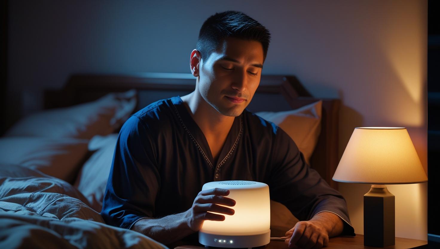 White noise machine and minimal nightstand supporting a quiet sleep sanctuary