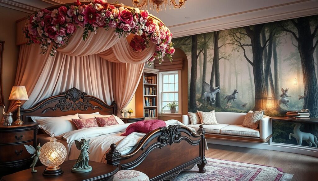 a bedroom interior with a fairy tale theme, with a large ornate wooden bed frame, soft pastel bedding, and a whimsical floral canopy cascading above it. In the foreground, there are delicate fairy figurines and a nightstand with a glowing crystal lamp. The middle ground features a window seat with plush cushions, a cozy reading nook, and a floating bookshelf with old fantasy books. The background showcases a mural on the wall, depicting a forest scene with mythical creatures like unicorns and pixies. The lighting is soft and warm, creating a cozy and enchanting atmosphere. The overall composition evokes a sense of magic and wonder, perfect for a fairy-themed bedroom.