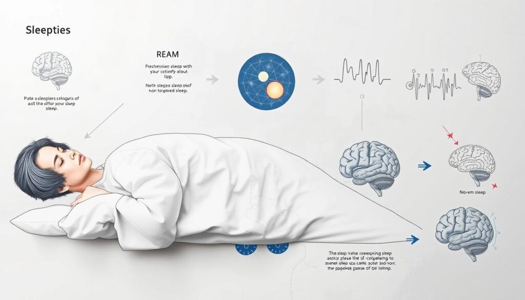 high detailed scientific illustration of the stages of human sleep cycles, with a focus on the different phases of sleep, REM and non-REM sleep, shown through anatomical diagrams and brain activity visualizations. Textbook-style illustration with clean, minimalist white background, accurate medical imagery, precise technical drawings, and muted color palette. Crisp, high-resolution image with sharp focus and realistic rendering. Soft, indirect lighting from the side to create depth and emphasize the technical aspects. Camera positioned at eye level to give a clear, comprehensive view of the sleep cycle process. high detailed scientific illustration of the stages of human sleep cycles, with a focus on the different phases of sleep, REM and non-REM sleep, shown through anatomical diagrams and brain activity visualizations. Textbook-style illustration with clean, minimalist white background, accurate medical imagery, precise technical drawings, and muted color palette. Crisp, high-resolution image with sharp focus and realistic rendering. Soft, indirect lighting from the side to create depth and emphasize the technical aspects. Camera positioned at eye level to give a clear, comprehensive view of the sleep cycle process.