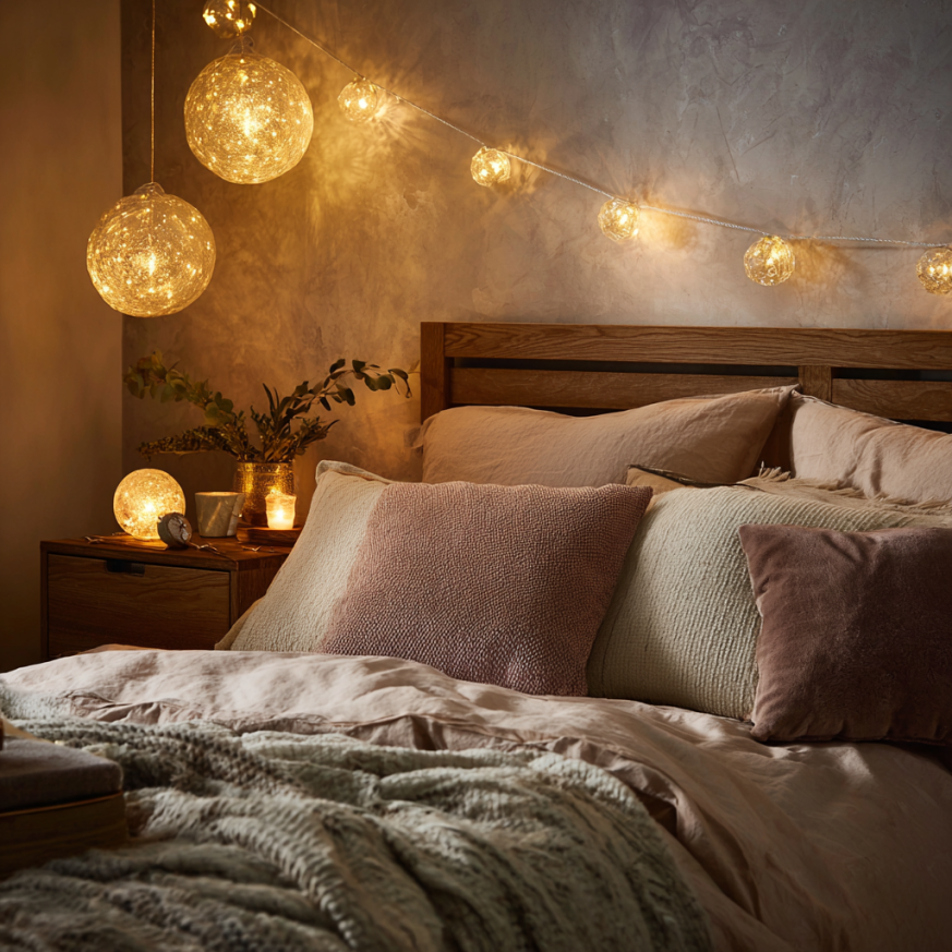 Ambient bedroom lighting with fairy lights and bedside lamps creating a warm glow