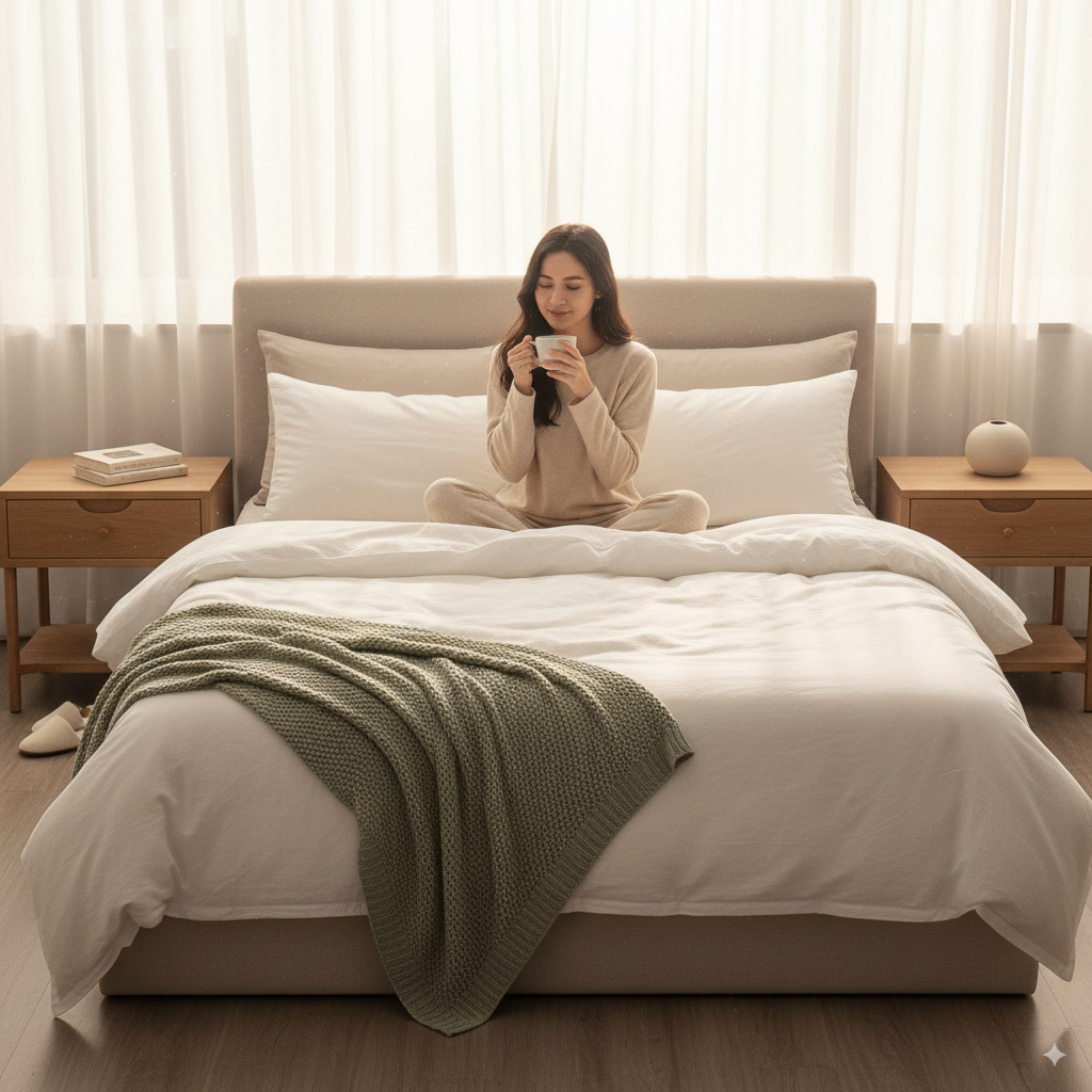 “Cozy bedroom with duvet on one side and comforter on the other, woman drinking tea on bed in soft morning light.”