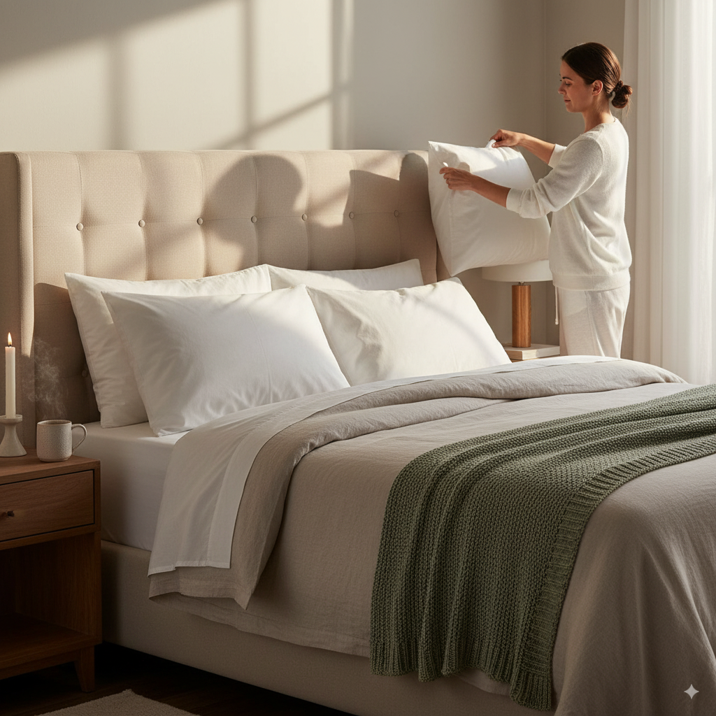 “Bright bedroom with layered bedding and three white Euro shams on a tufted headboard, styled with a sage green throw and warm morning light.”