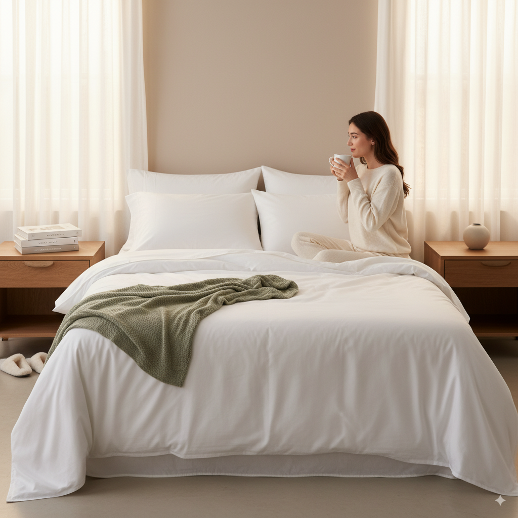 “Bright cozy bedroom with percale vs sateen sheets side by side, woman in loungewear sipping tea on bed with sage throw blanket and warm morning light.”