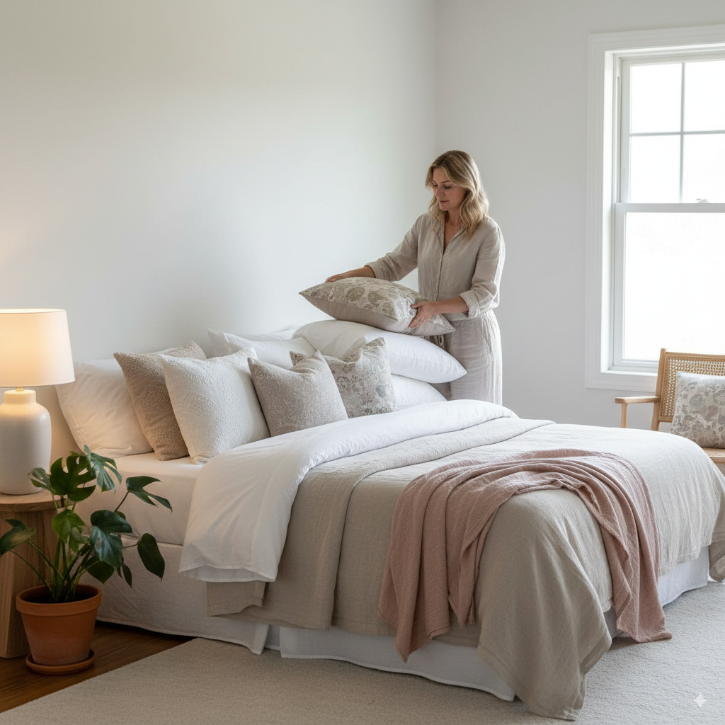 “Wide bedroom scene with a woman fluffing pillows on a neatly layered bed, styled with blush accents, warm morning light, and cozy textures.”