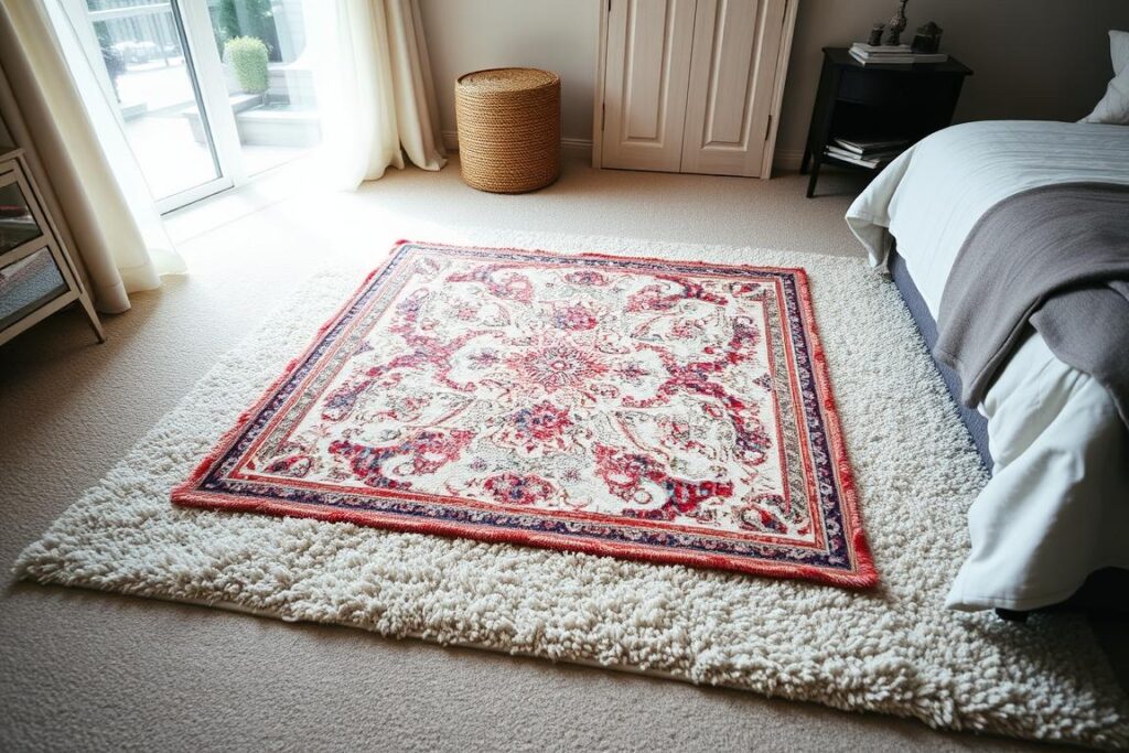 Layering Rugs in Bedroom shown step-by-step with a base rug and top rug overlapped to keep a clear border.