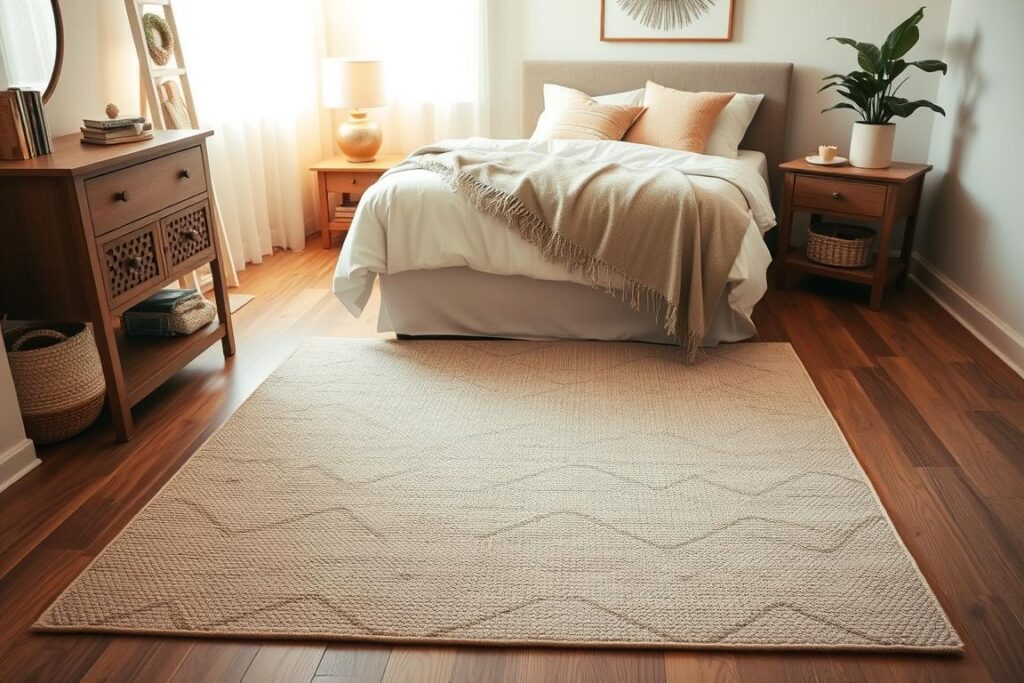Rug for Small Bedroom using side runners to keep the center aisle clear