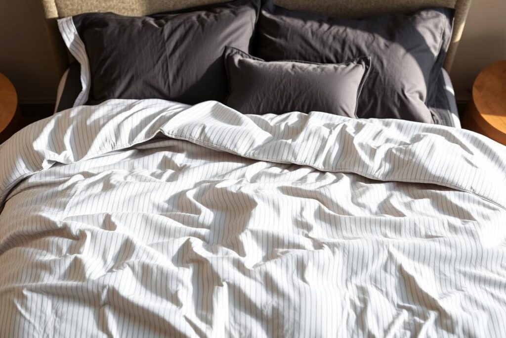 A stylish bedroom featuring men's bedding in neutral tones with cotton sheets and duvet cover