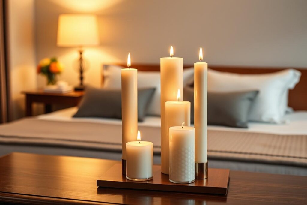 Candles as masculine bedroom accessories creating refined scent and soft light