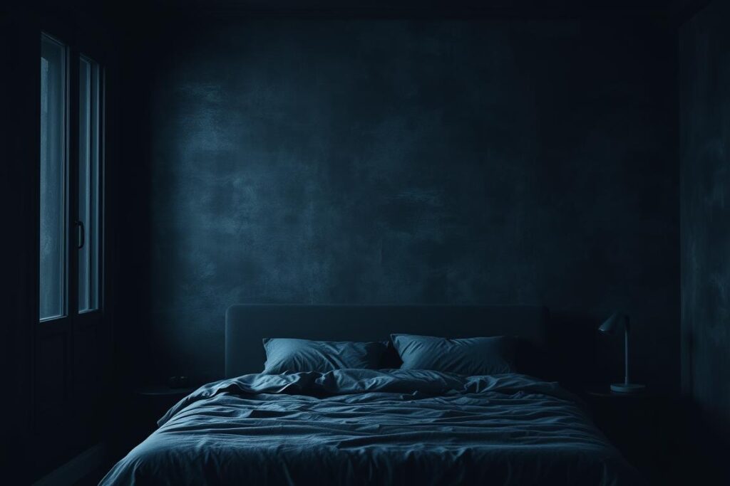 Dark walls paired with light bedding illustrate men's bedroom color schemes that feel moody but restful