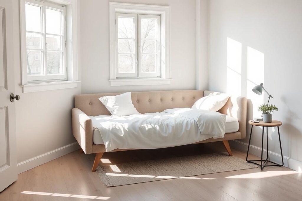 daybed with desk – flexible small bedroom layout ideas