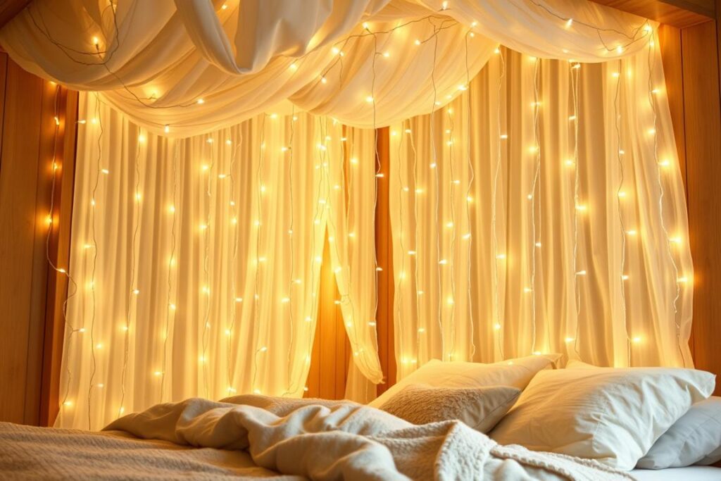 Fairy curtain lights as part of led lighting bedroom ideas