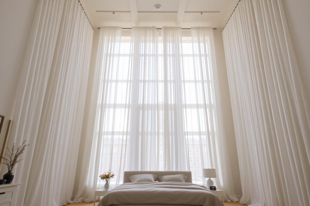 Hang curtains as high as possible to make a small room look bigger by drawing the eye upward