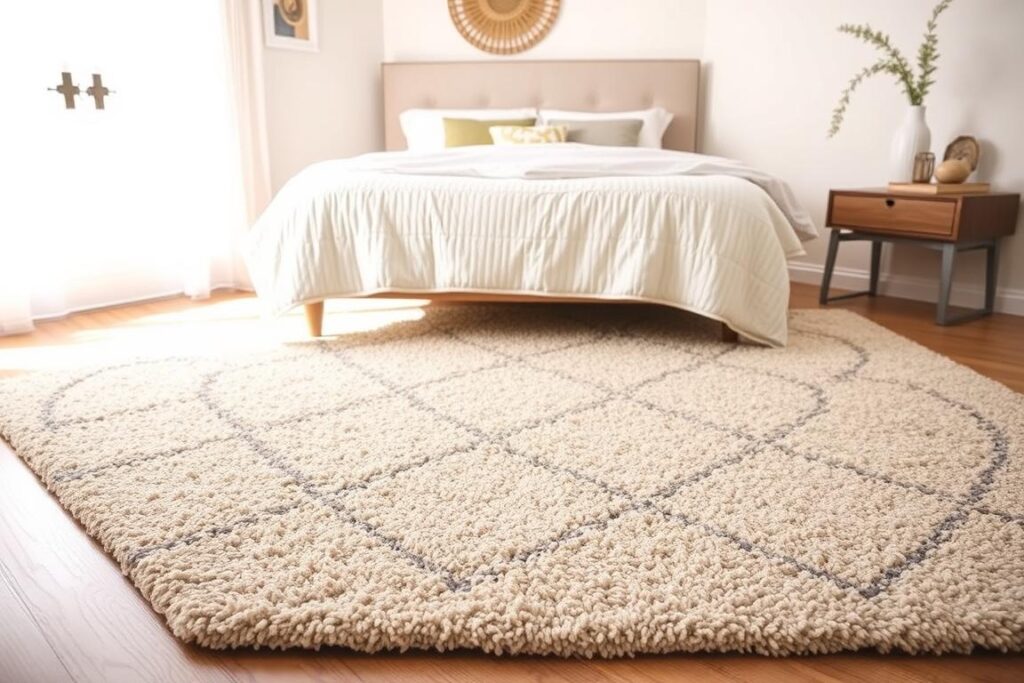 Four classic layouts from the bedroom rug guide showing rug placement under bed
