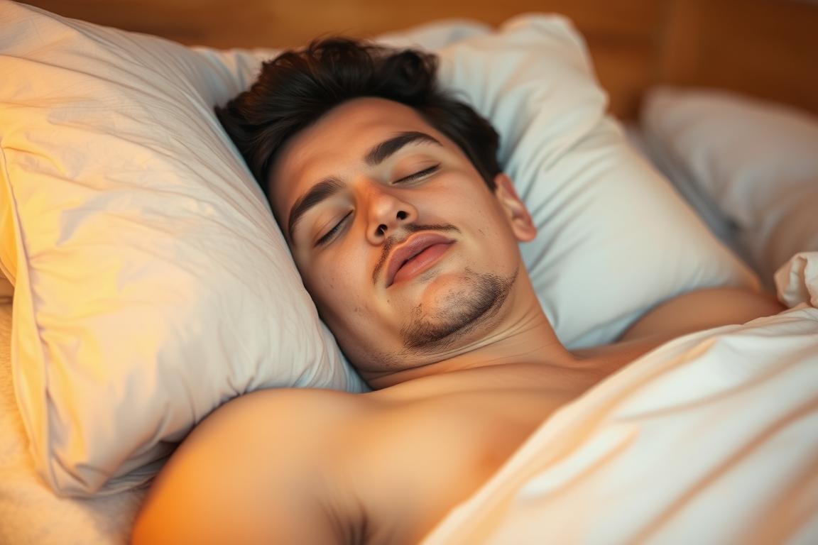 “Man adjusting supportive pillow in bed while partner reads with a mug of tea, navy throw blanket and golden-hour glow adding cozy detail.”