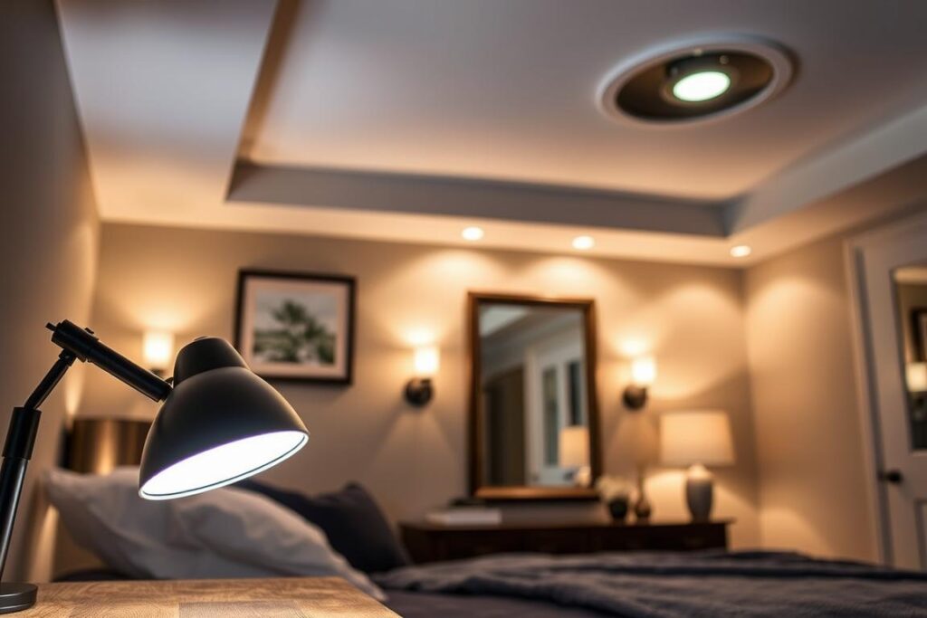 Layered lighting room with masculine bedroom accessories grounding the layout