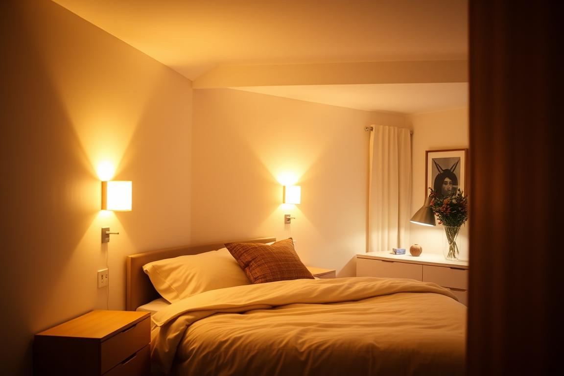 Layered lighting demonstrates small bedroom ideas with wall sconces and soft ambient light.
