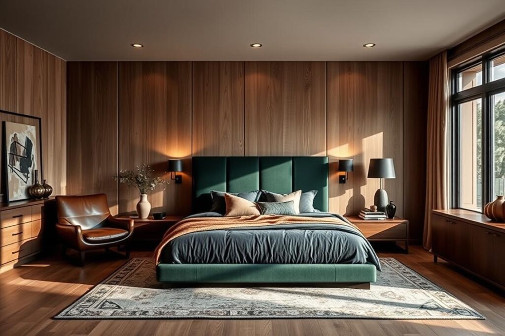 Men's bedroom color schemes with gray, beige, and walnut furniture create a timeless modern foundation