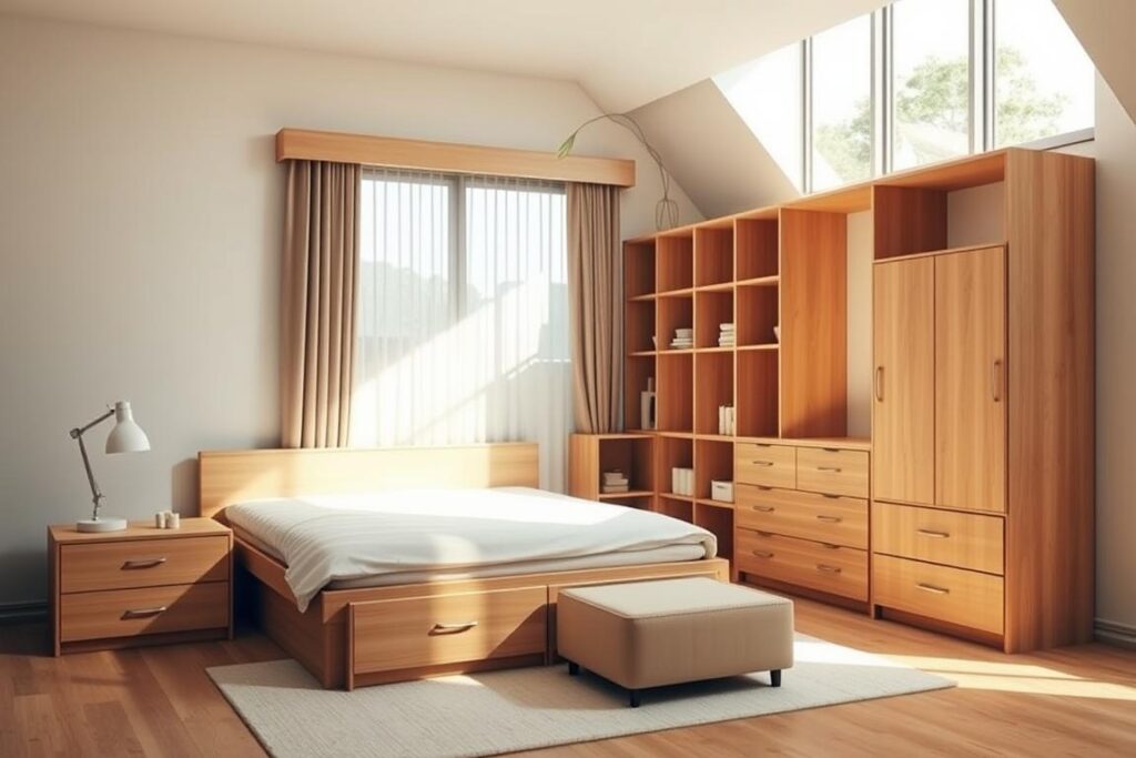 Multifunctional furniture showcasing small bedroom storage ideas