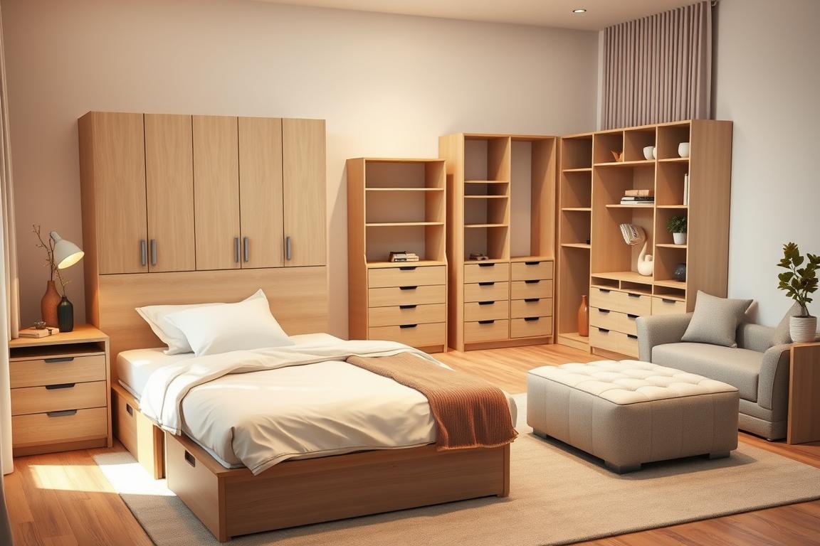 Clever multifunctional furniture applies small bedroom ideas with a lift-up storage bed and nesting tables.