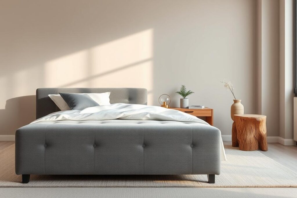 Neutral foundations show how men's bedroom color schemes balance charcoal, off-white, and oak for a soothing look