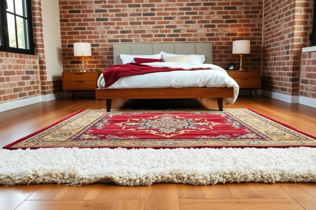 Layering Rugs in Bedroom shown with a neutral base and a patterned accent for a cozy, curated look.