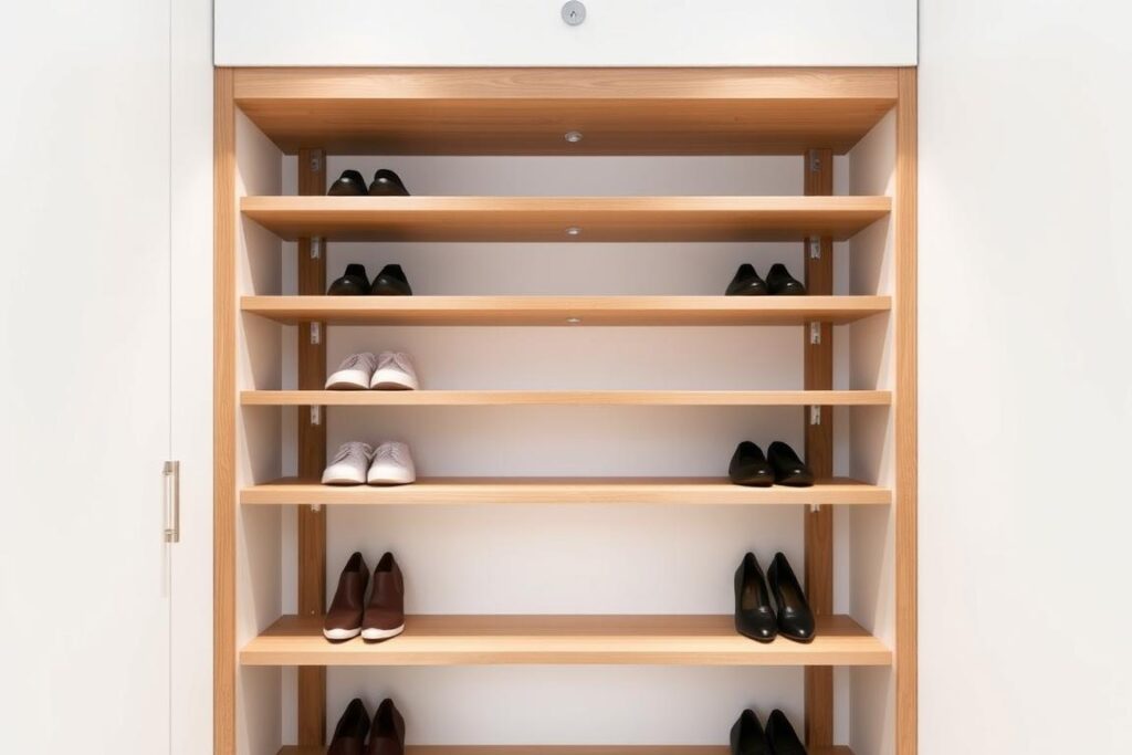 Slim wall shelving illustrates bedroom furniture space saving ideas that protect walking paths.