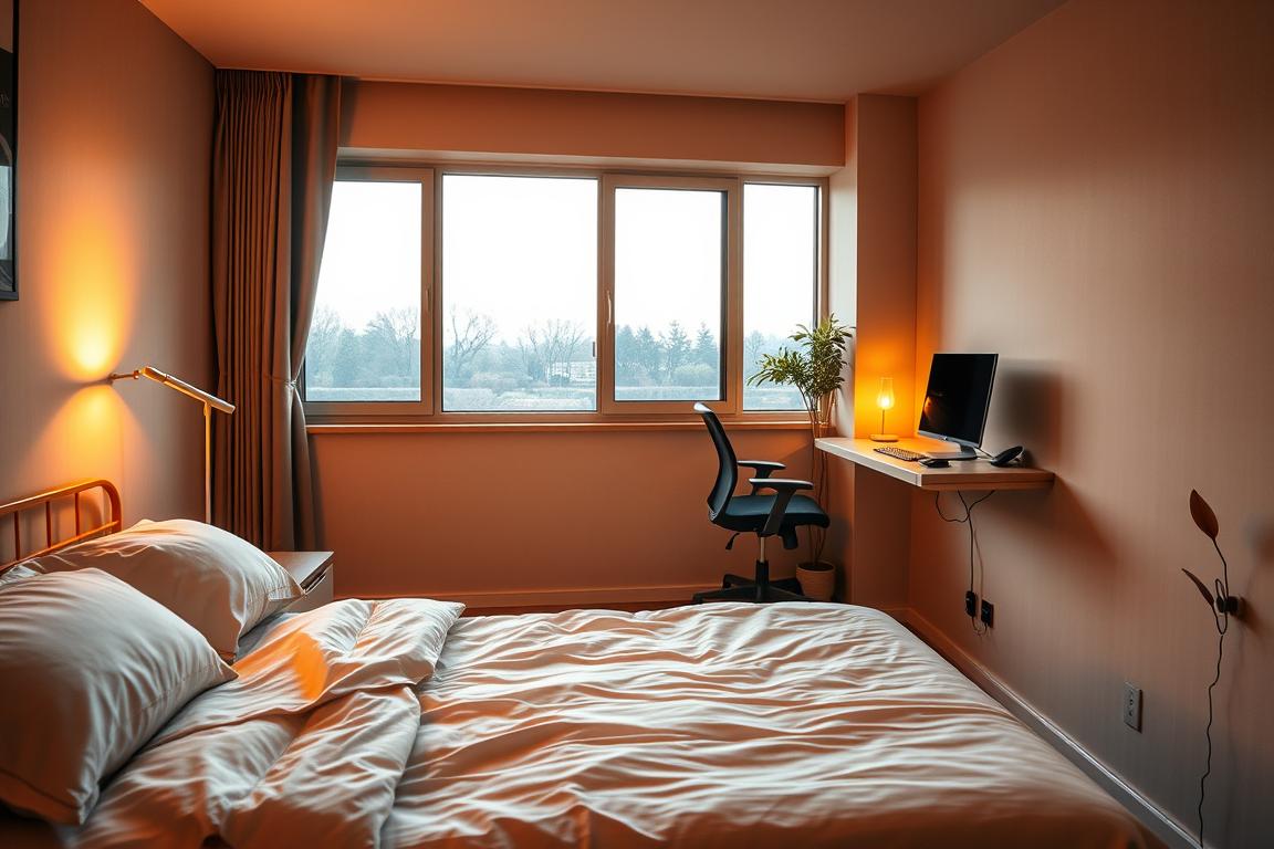 A serene space shows small bedroom ideas in action with layered lighting and hidden storage.
