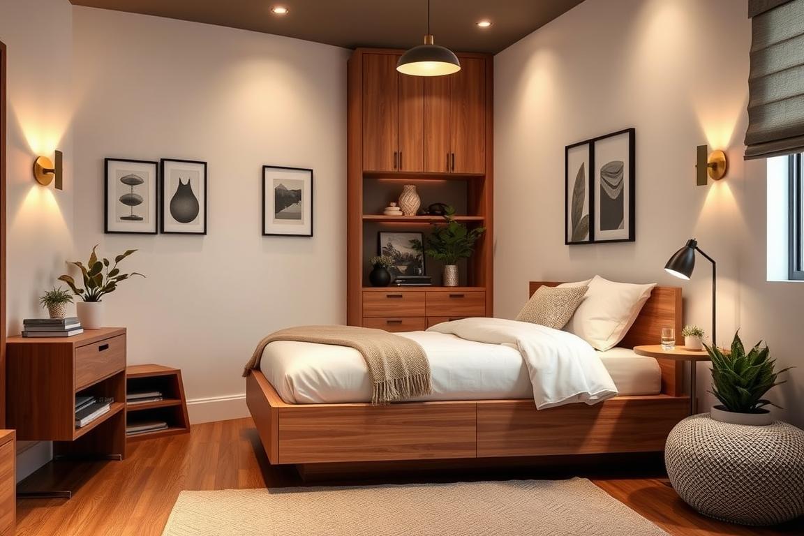 bedside lighting ideas using pendants and slim floor lamps in small bedrooms