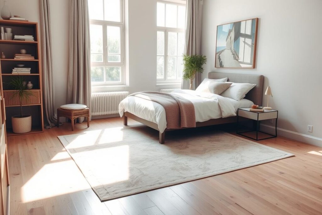 Bedroom rug guide example for small room rug layouts using layering