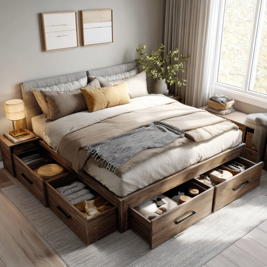 Storage bed layout with drawers under the frame for space-saving bedroom furniture